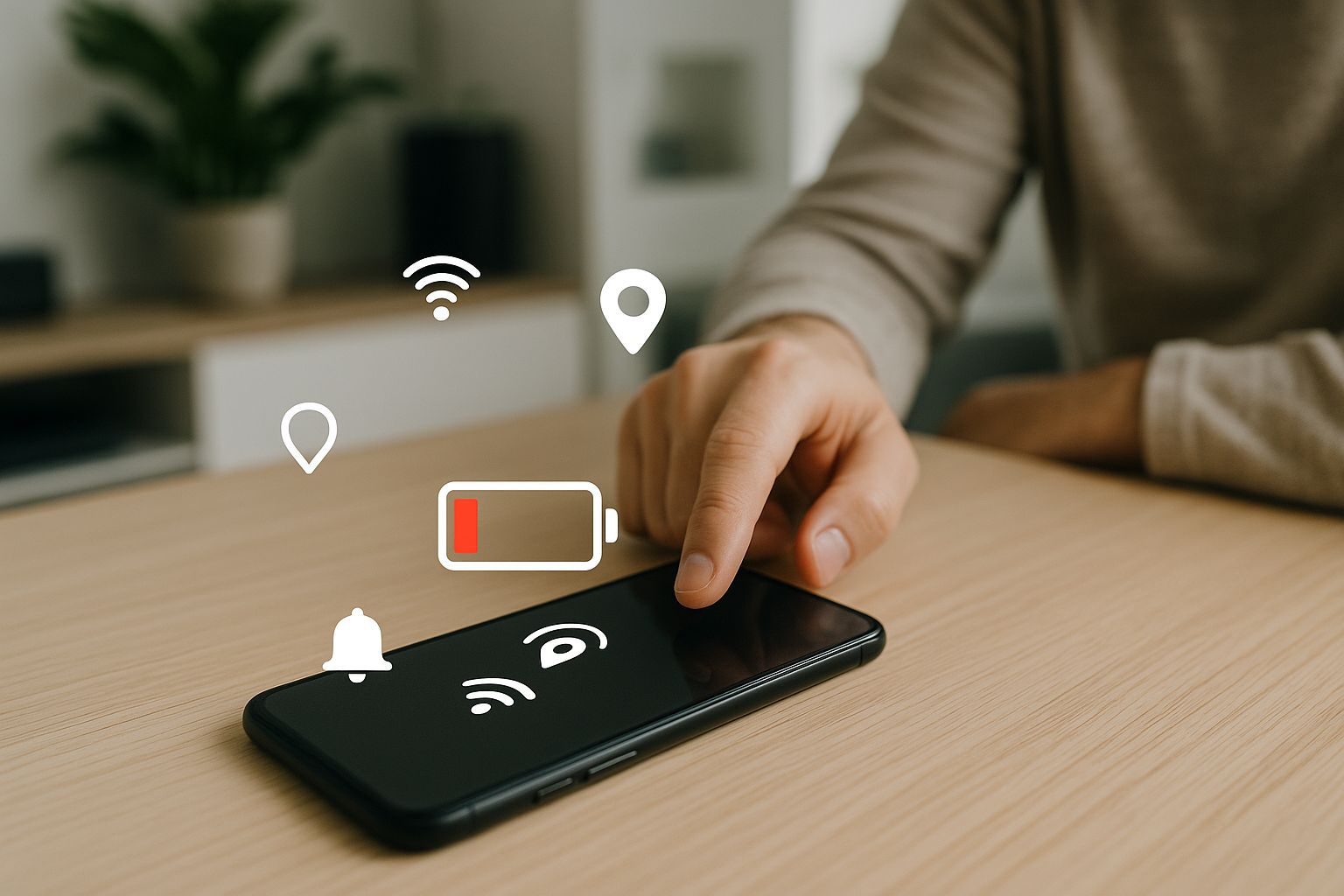 Smartphone con batteria quasi scarica e simboli che richiamano rete, GPS e notifiche