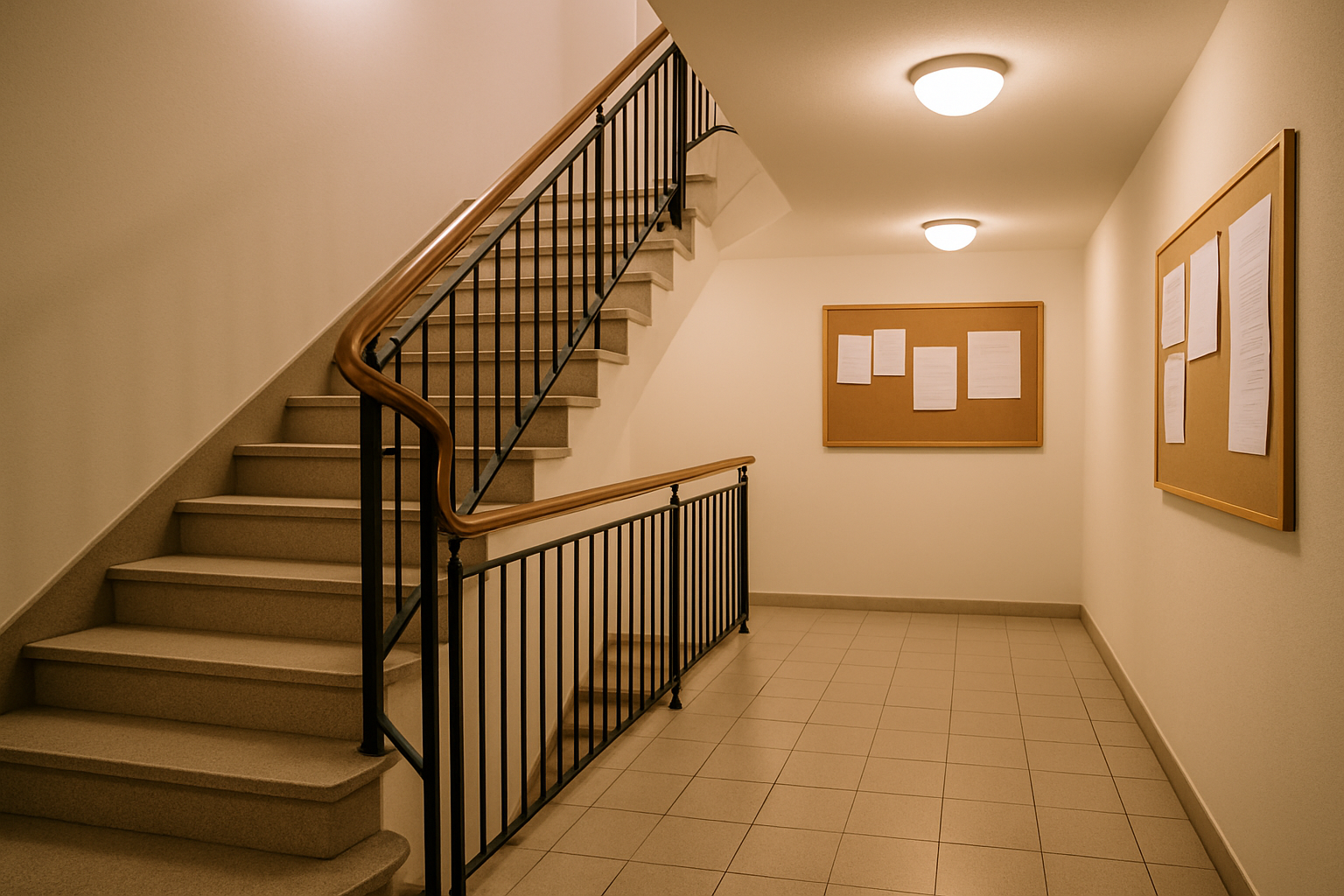 Vano scala condominiale con illuminazione e bacheca avvisi