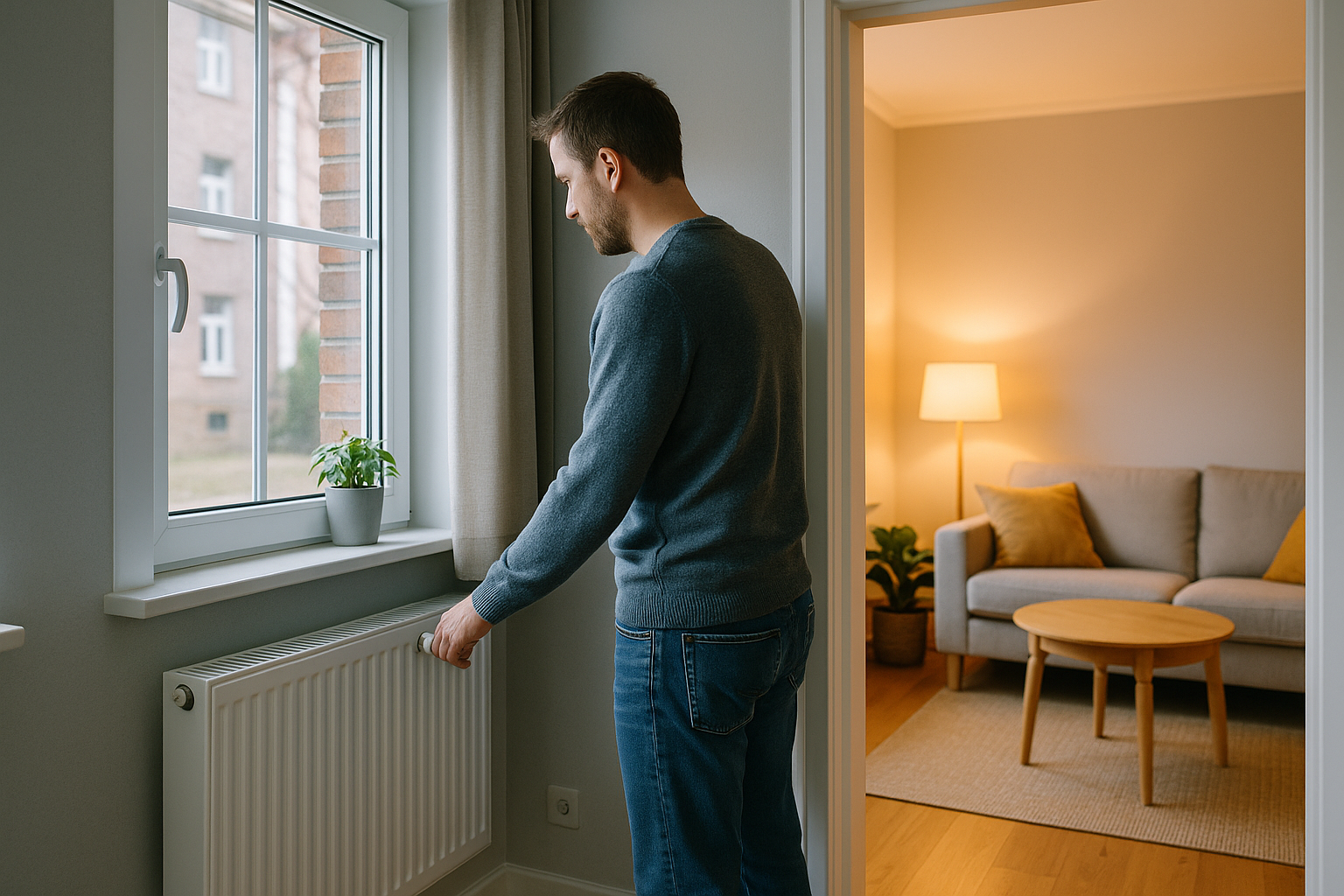 Due stanze di casa con differenze di temperatura, con finestra e termosifone visibili
