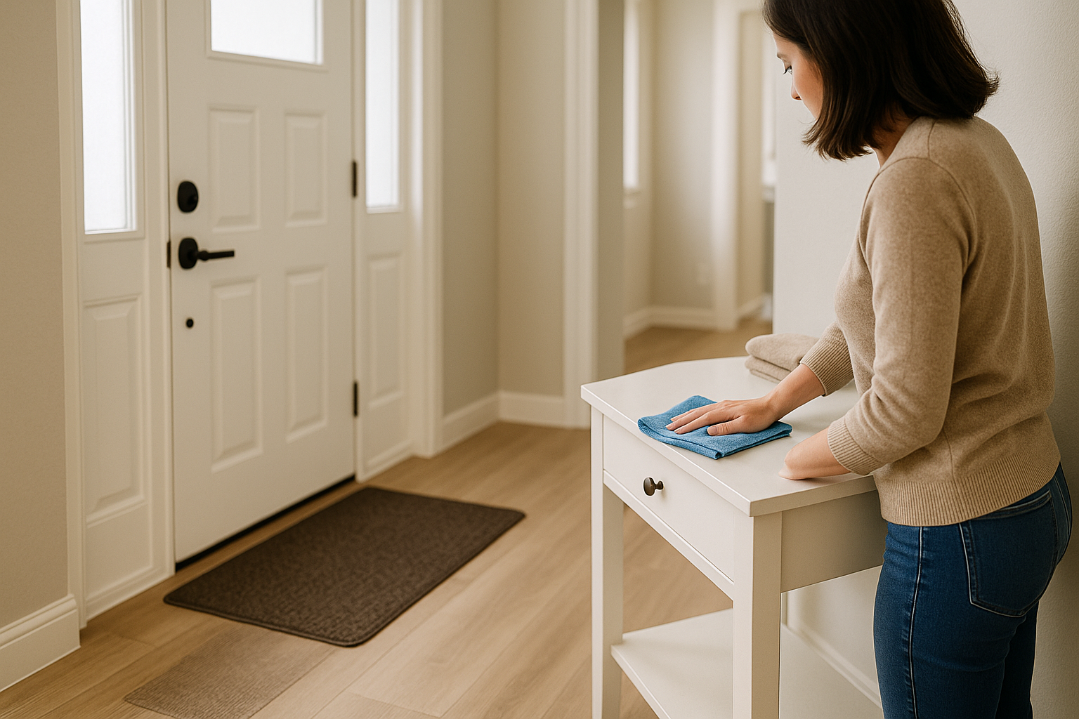Ingresso di casa ordinato con tappetini e panno in microfibra, utile per ridurre la polvere