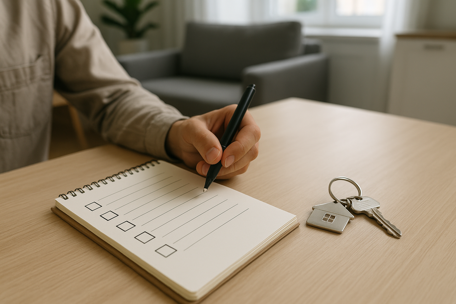 Checklist di controlli e chiavi appoggiate su un tavolo prima dell’acquisto di una casa usata