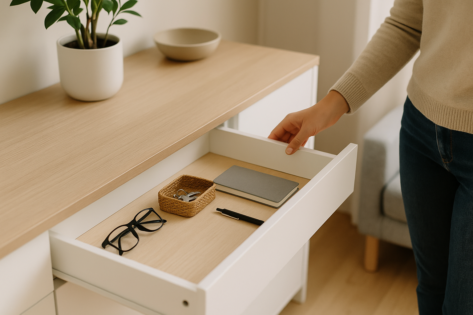 Cassetto ordinato e ripiano libero in una casa luminosa e minimal