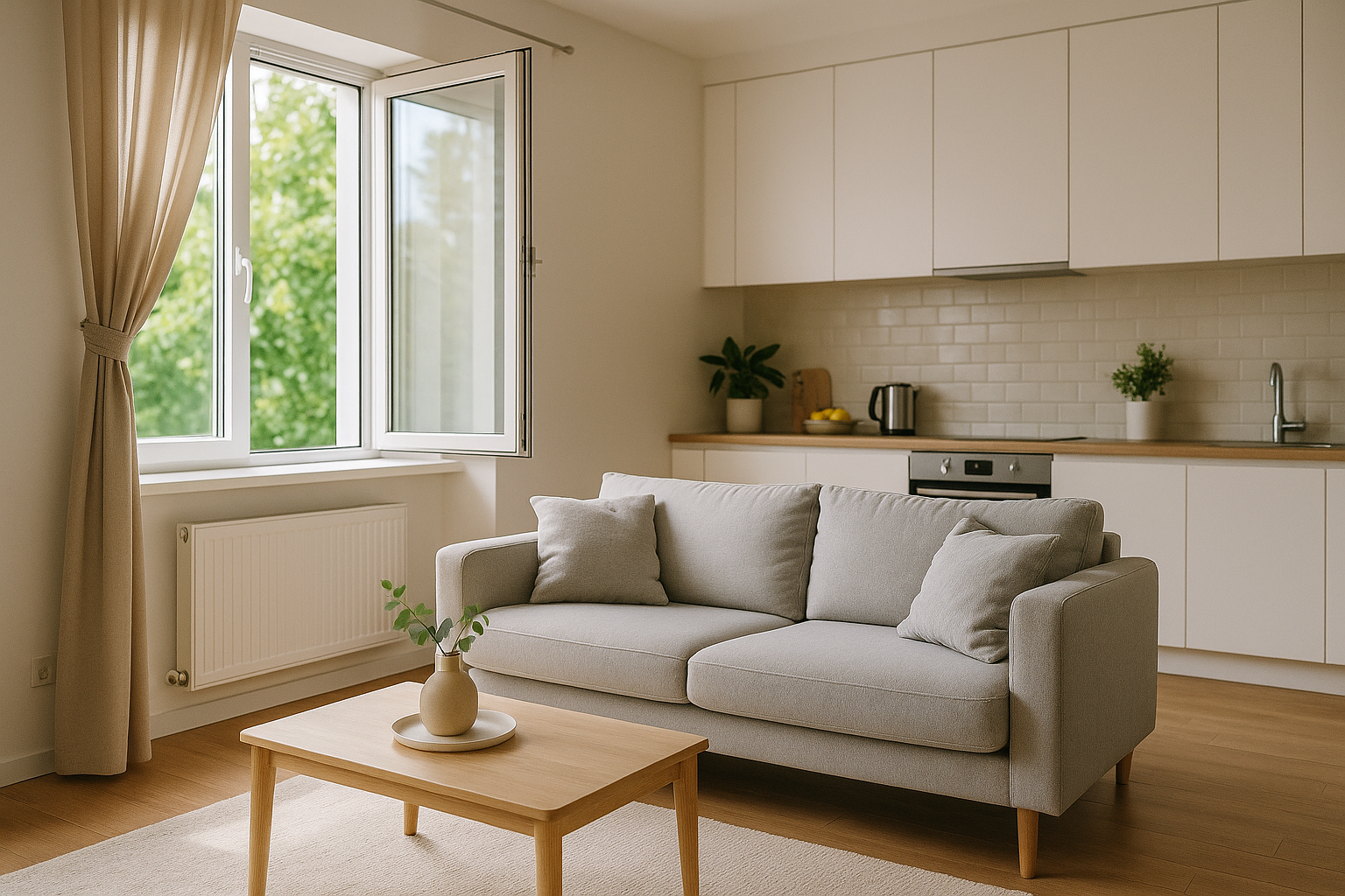 Ambiente domestico luminoso e ordinato con finestra aperta per favorire il ricambio d’aria