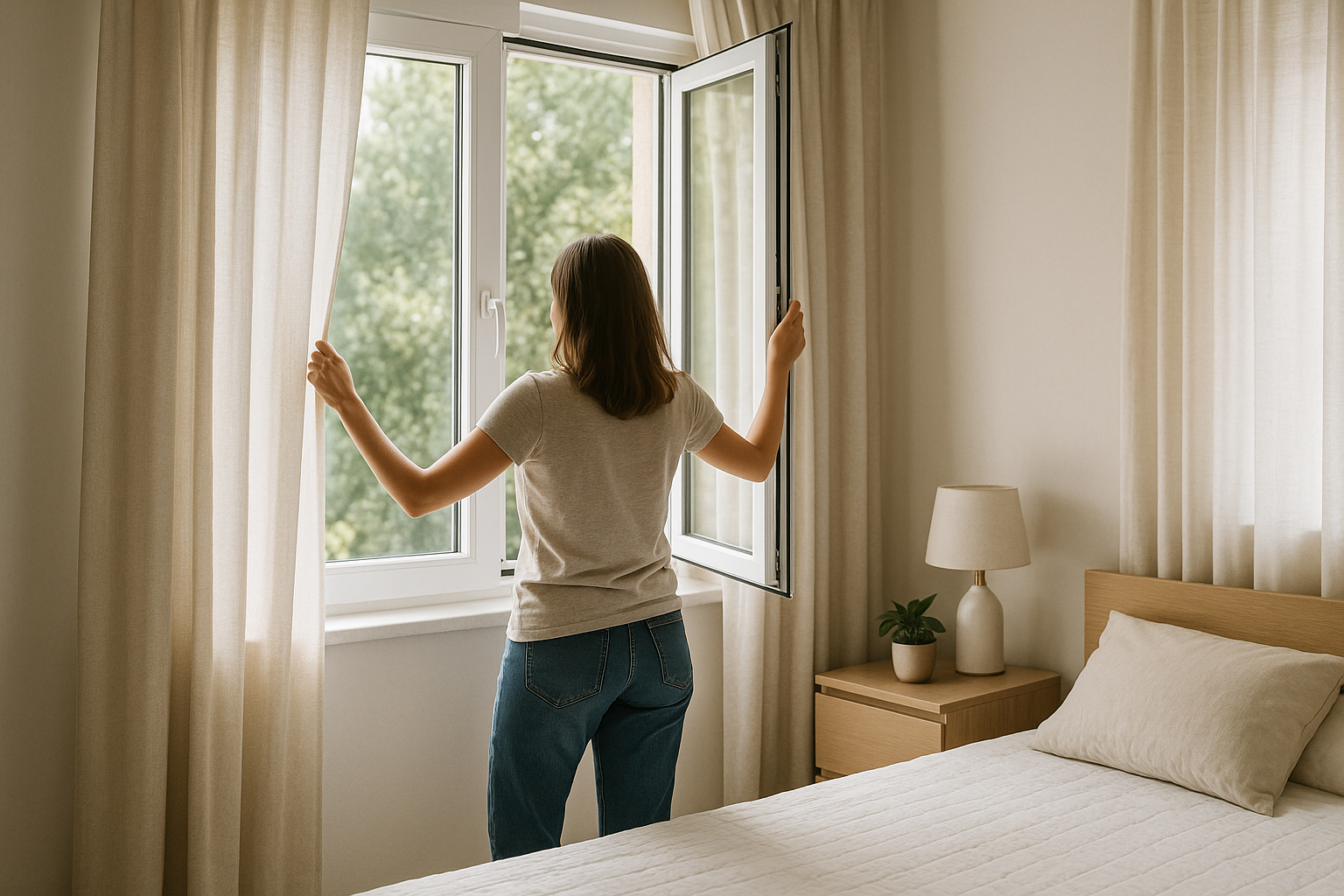 Stanza di casa in estate con tende chiare e finestra socchiusa per ridurre il caldo senza climatizzatore