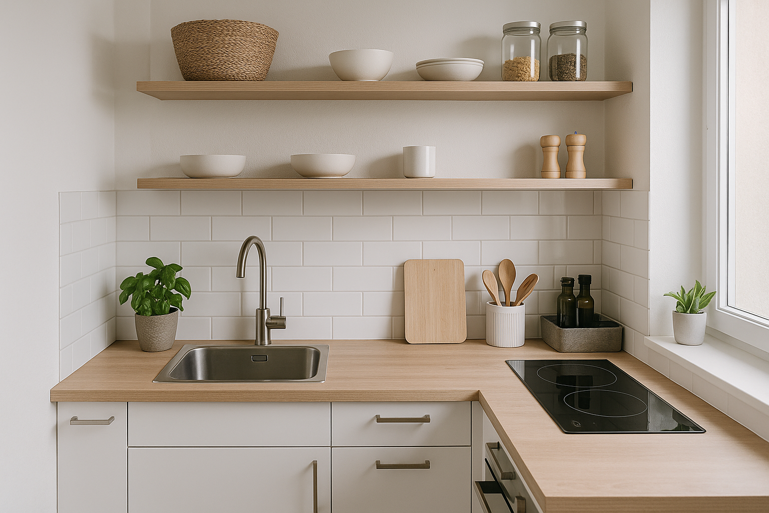 Cucina piccola ordinata e funzionale con piano di lavoro libero e organizzazione verticale