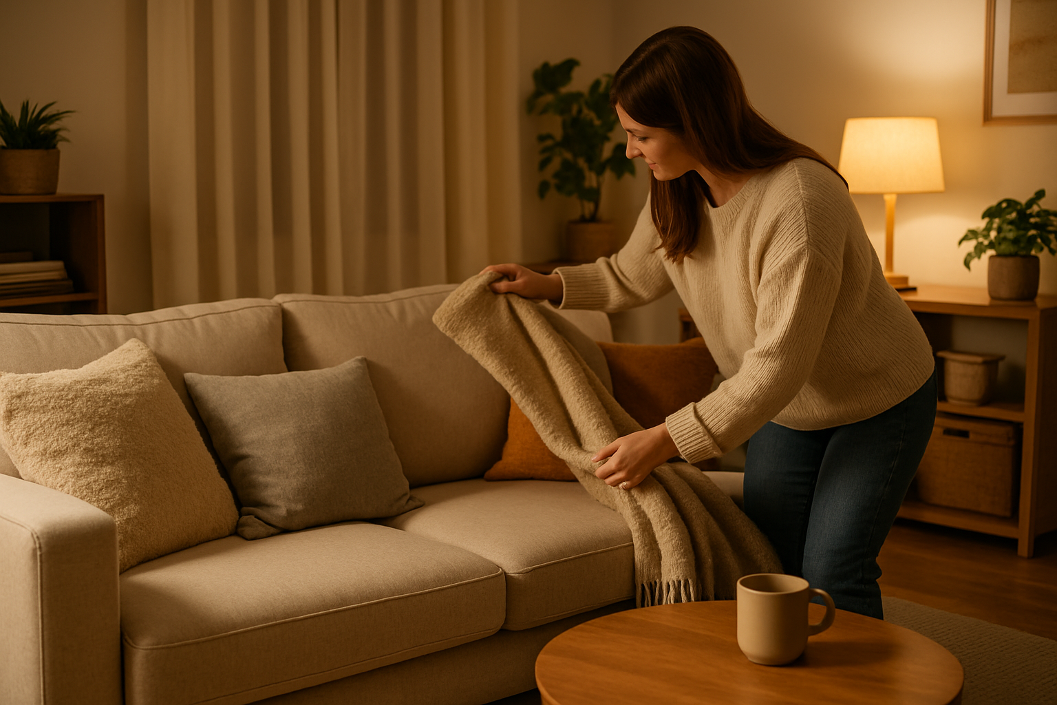Salotto accogliente e ordinato con luce calda e tessili morbidi per aumentare il comfort domestico