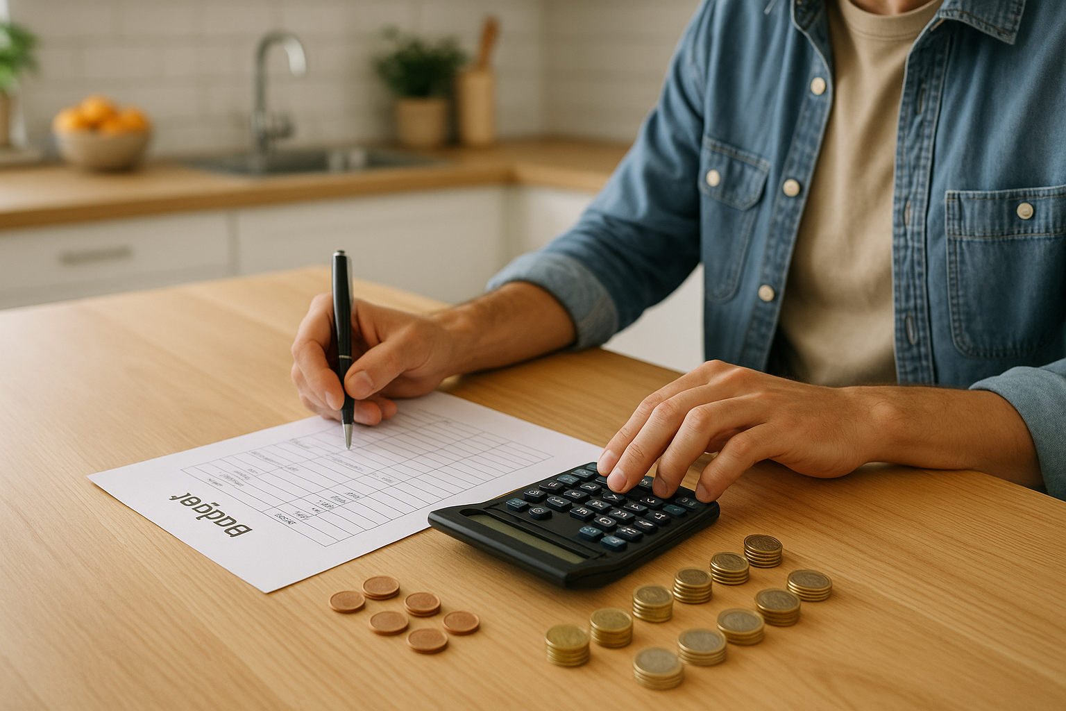 Foglio per il budget mensile con calcolatrice e monete su un tavolo di casa