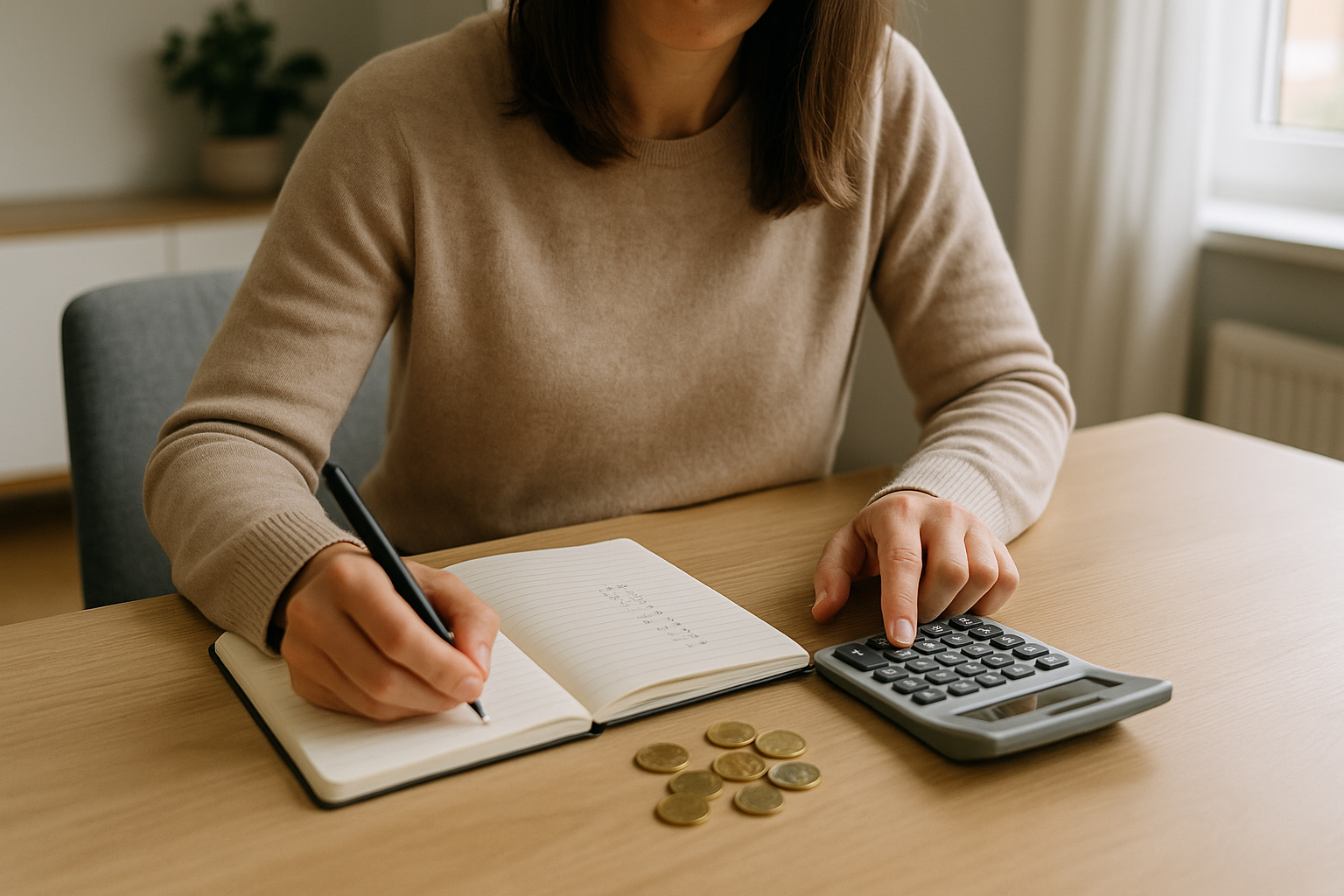 Persona che organizza un budget domestico su un quaderno con calcolatrice e monete