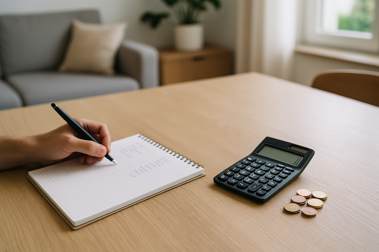 Quaderno per il budget con calcolatrice e monete, per pianificare un fondo imprevisti