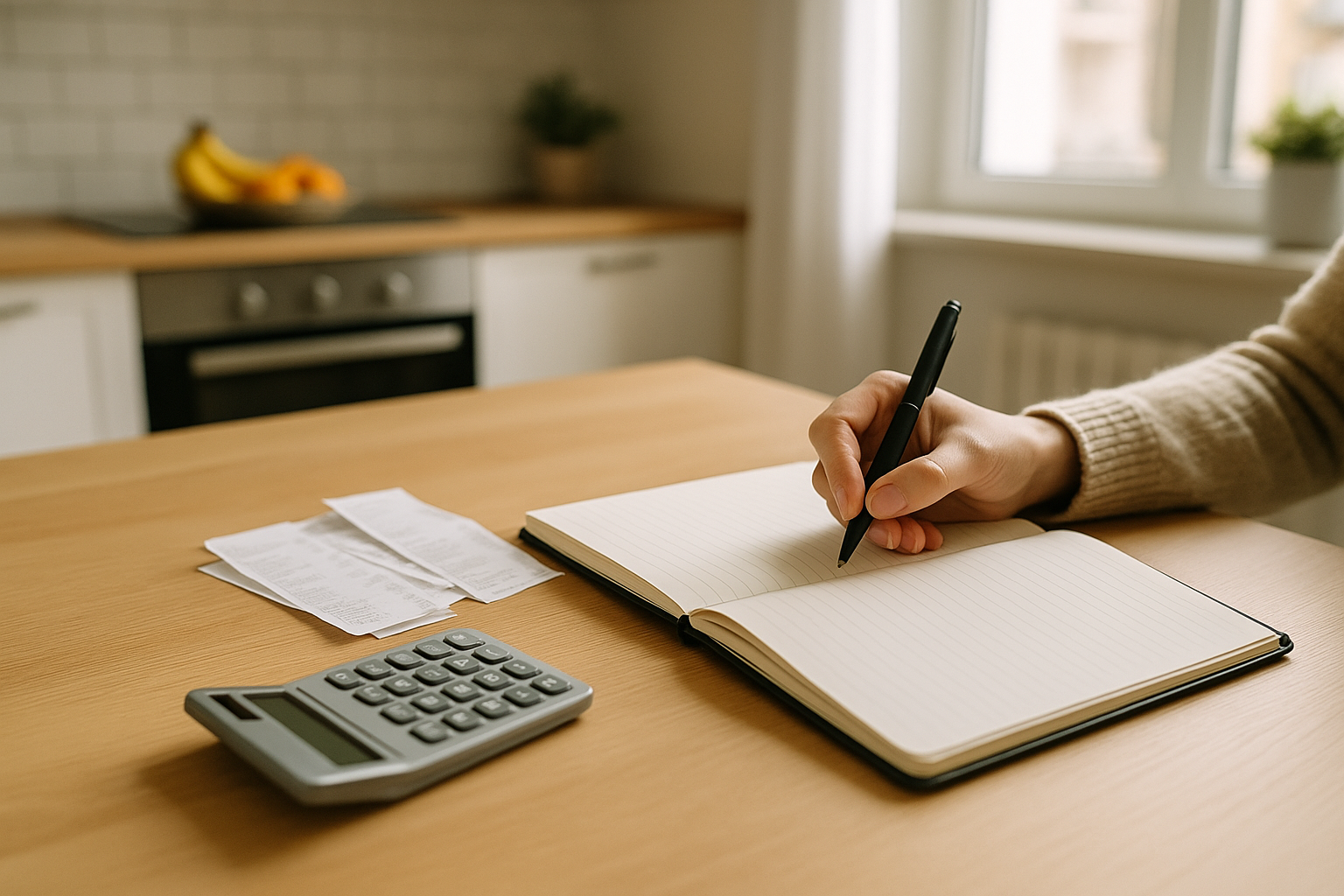 Quaderno con appunti di spesa e scontrini ordinati per controllare le uscite economiche