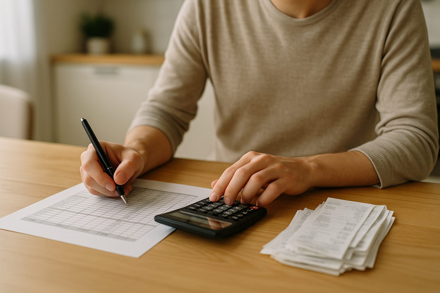 Strumenti per gestire il budget familiare su un tavolo di casa con scontrini e calcolatrice