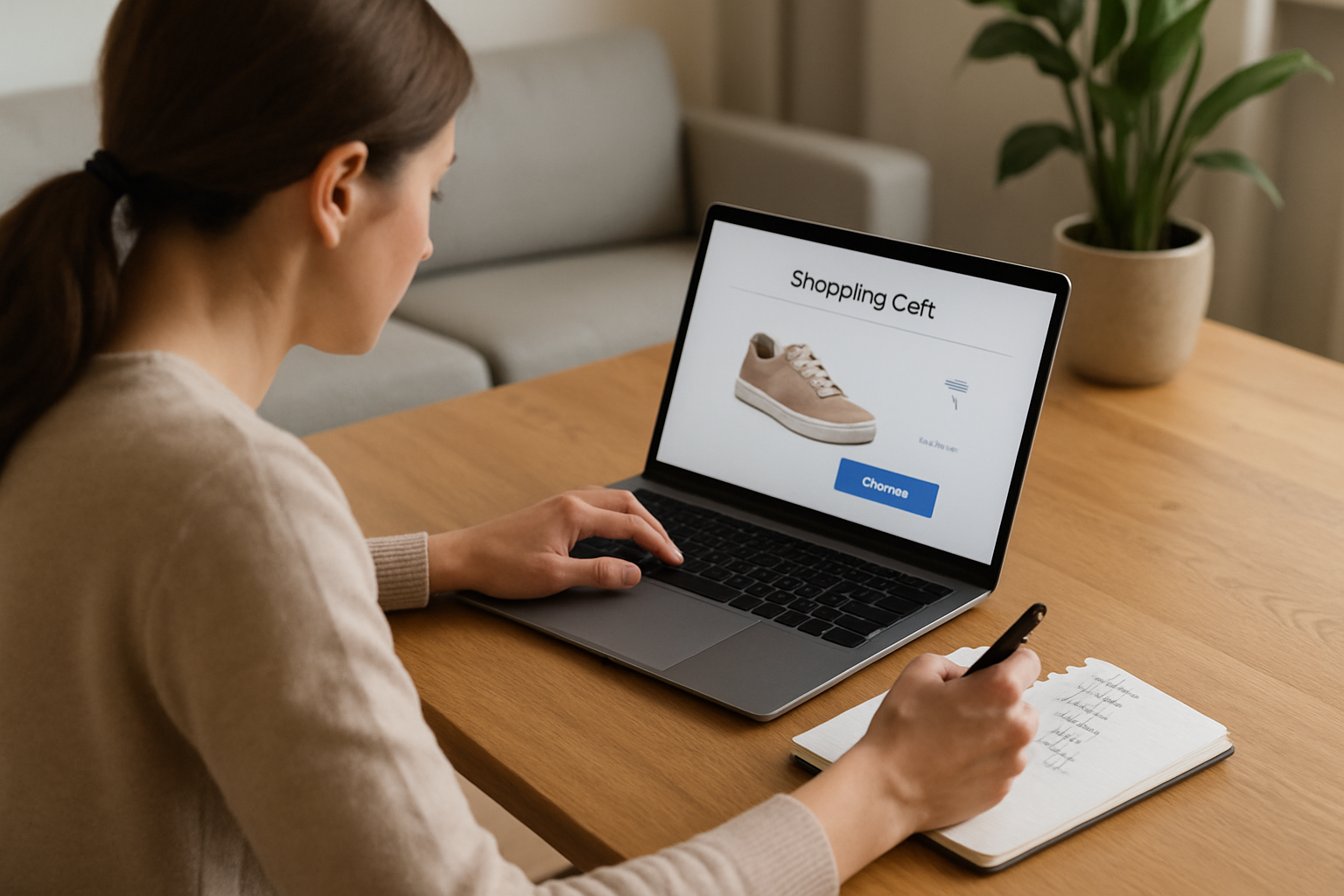 Persona che valuta un acquisto online prendendo appunti su una lista della spesa per evitare spese impulsive