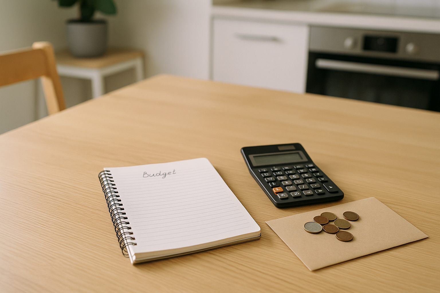 Quaderno per budget e monete su un tavolo, simbolo di fondo di emergenza