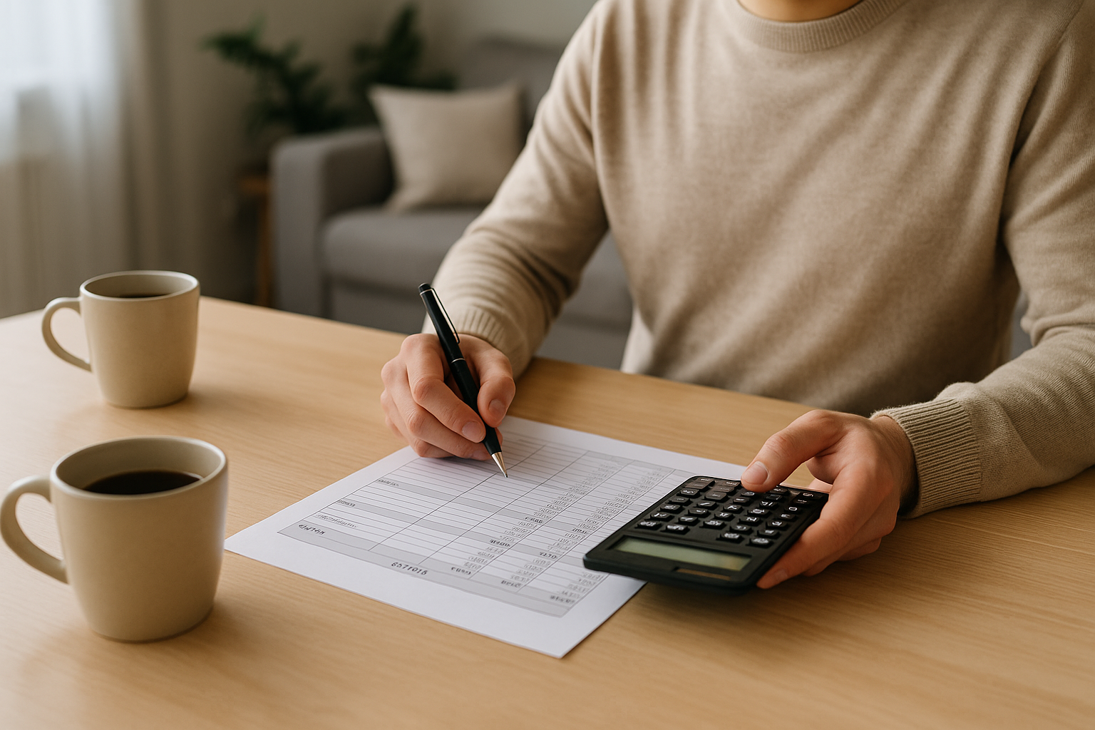 Foglio per il budget familiare con calcolatrice su un tavolo di casa