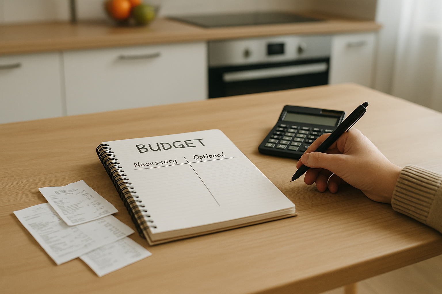 Quaderno per il budget con scontrini e calcolatrice su un tavolo di cucina