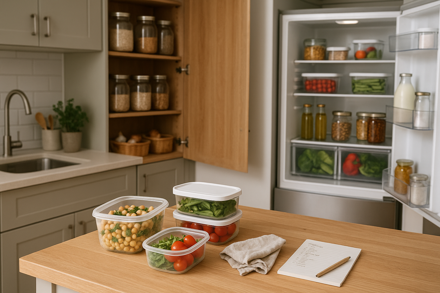 Cucina ordinata con frigo e dispensa organizzati per ridurre gli sprechi