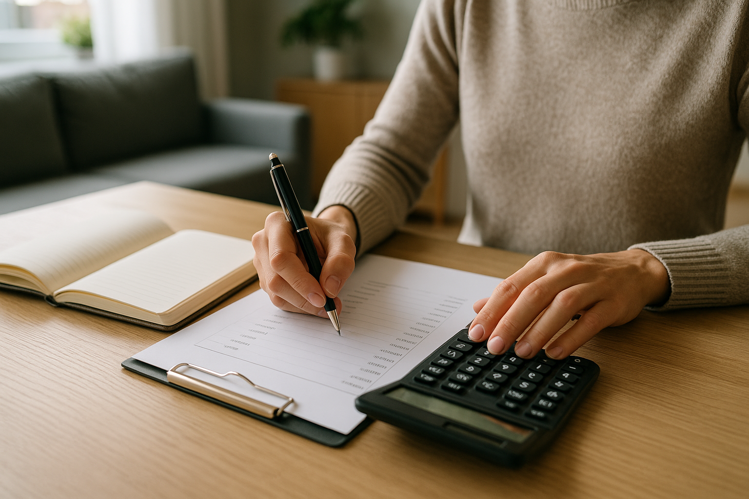 Persona che annota le spese mensili su un taccuino per controllare il budget