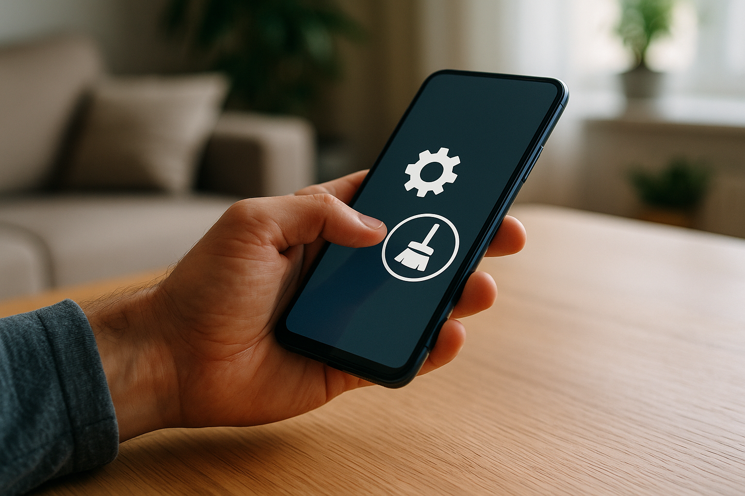 Persona che usa uno smartphone a casa mentre controlla impostazioni e prestazioni del dispositivo