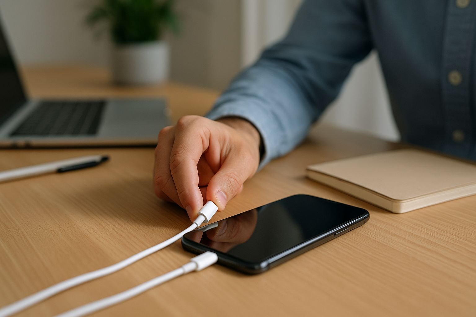 Ricarica di uno smartphone su una scrivania, con cavo collegato e ambiente ordinato