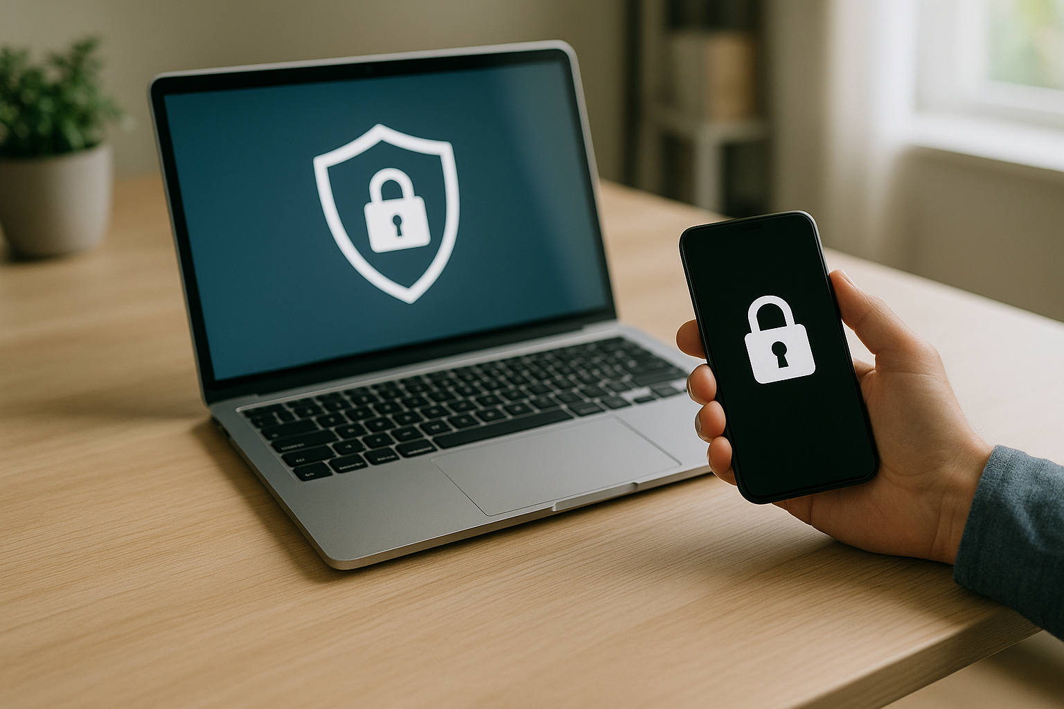 Scrivania con smartphone e computer che rappresenta la protezione dei dati digitali nella vita quotidiana