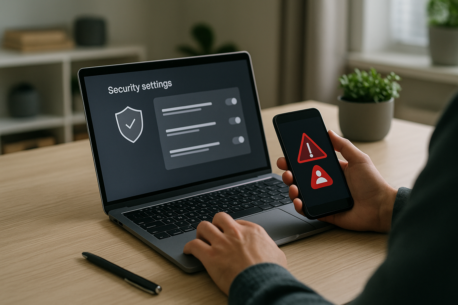 Laptop e smartphone con impostazioni di sicurezza e notifiche di accesso sospetto