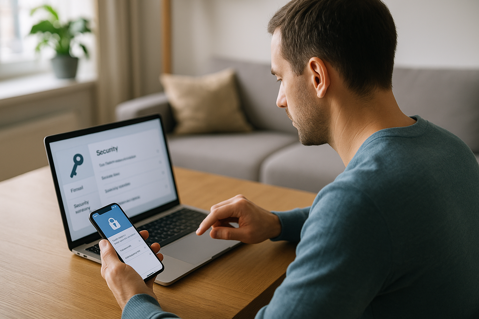 Persona che controlla le impostazioni di sicurezza online su smartphone e computer in casa