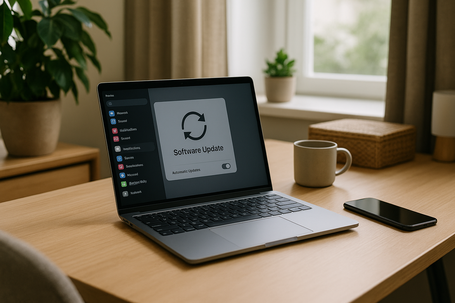 Laptop e smartphone su una scrivania con impostazioni di aggiornamento software aperte