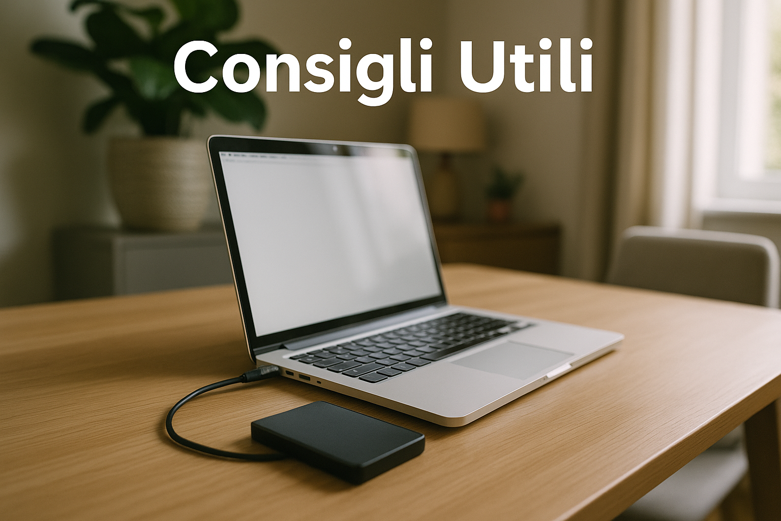 Laptop su scrivania con disco esterno collegato per il backup dei dati