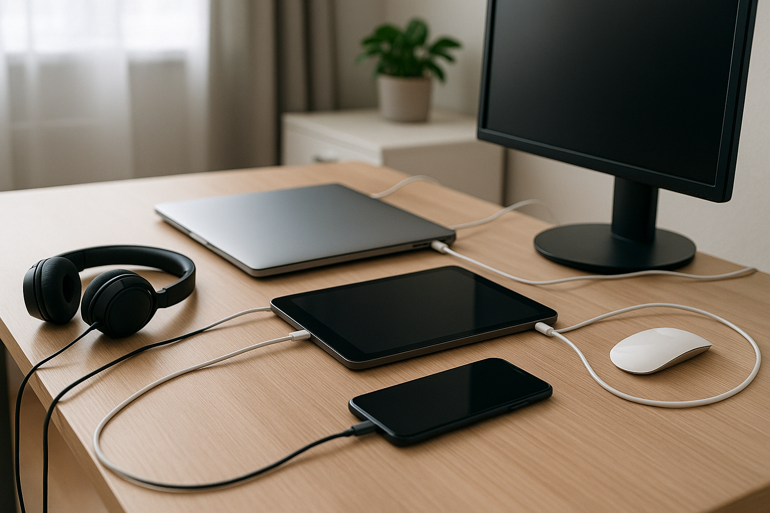 Dispositivi elettronici domestici su una scrivania con cavi e prese in ordine