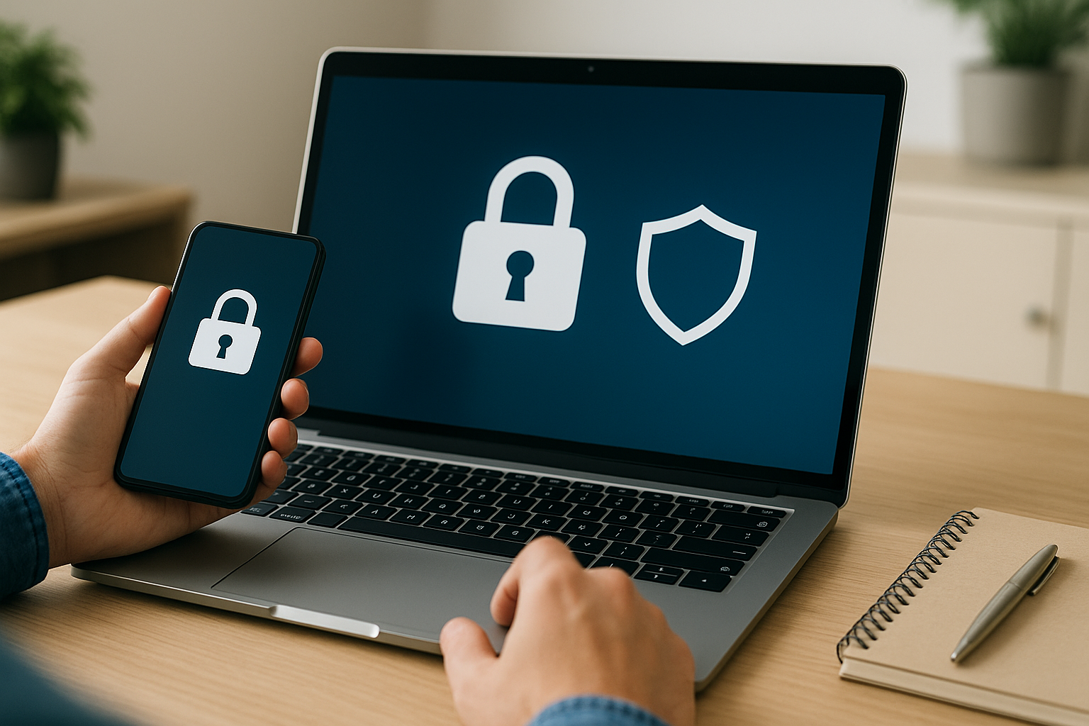 Laptop e smartphone su una scrivania con simboli di lucchetto che rappresentano la sicurezza degli account online