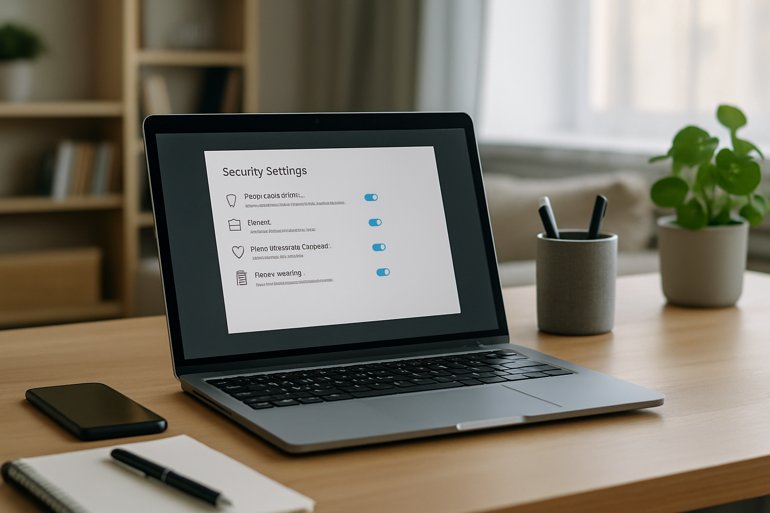 Computer su una scrivania con schermata di impostazioni di sicurezza, simbolo di controllo e protezione digitale