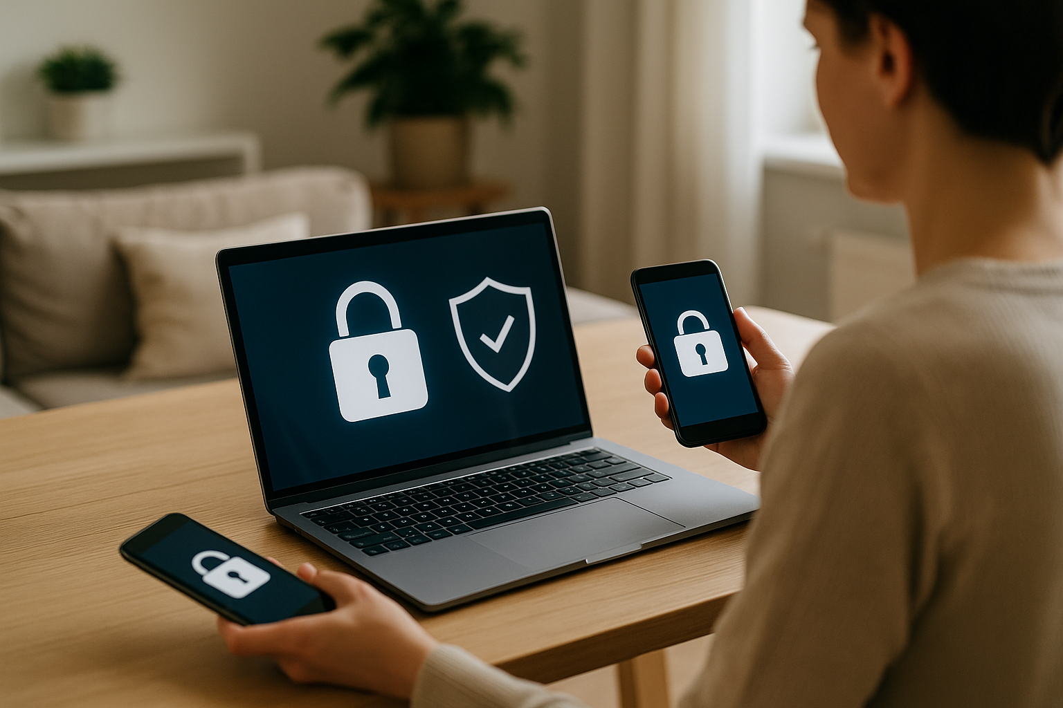 Persona che protegge i propri account con misure di sicurezza digitale su laptop e smartphone