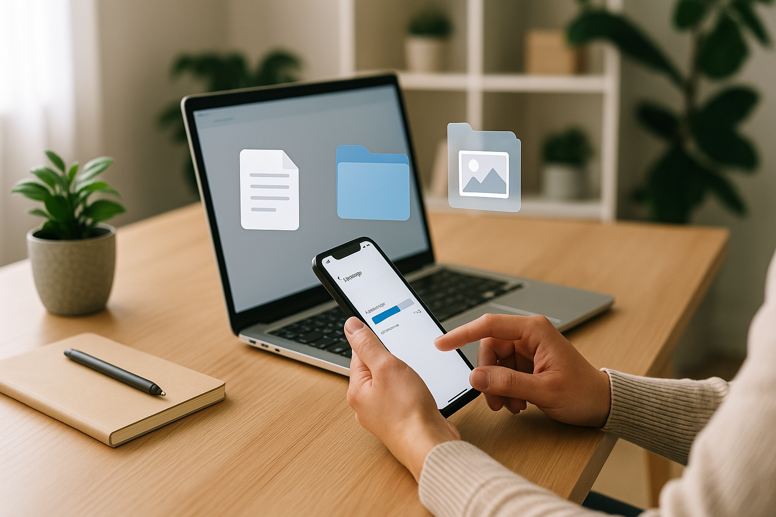 Smartphone e laptop su una scrivania con elementi che richiamano l’organizzazione dei file e la gestione della memoria