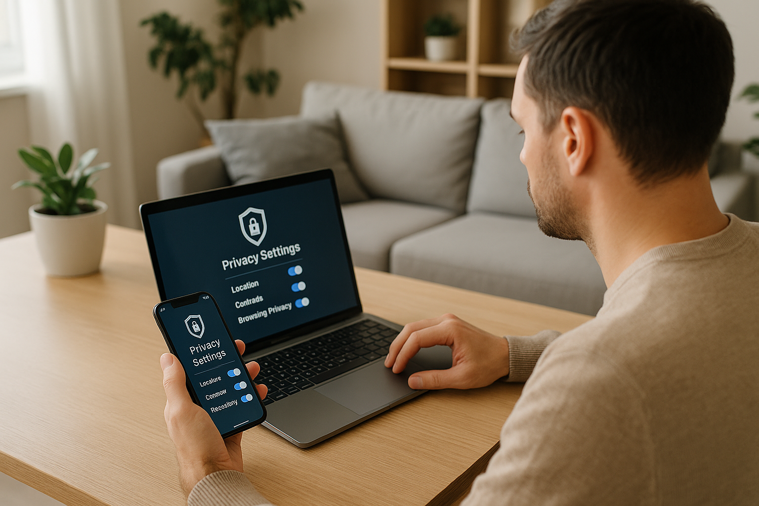 Persona che controlla le impostazioni di privacy e sicurezza su smartphone e computer a casa