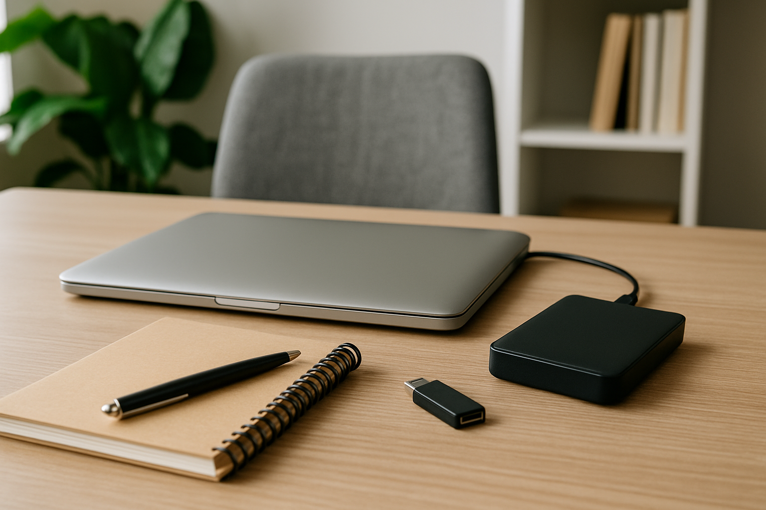 Laptop con disco esterno e chiavetta USB pronti per il backup dei dati su una scrivania