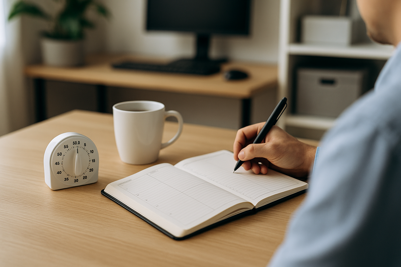 Agenda e timer su una scrivania ordinata per pianificare il tempo di lavoro