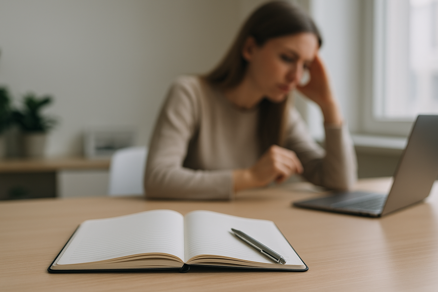 Scrivania ordinata con quaderno e penna, ambiente calmo che favorisce la concentrazione