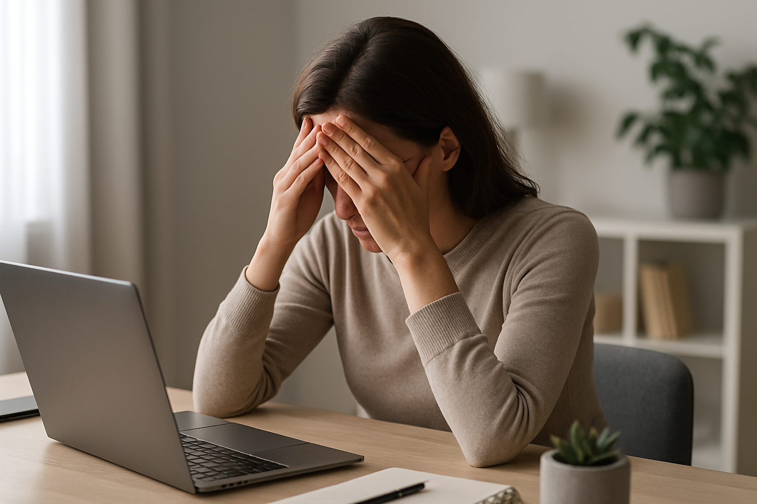 Persona alla scrivania con postura tesa e segni di affaticamento da stress lavorativo
