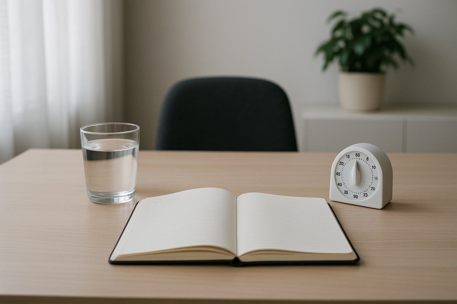Scrivania ordinata con agenda e timer per pianificare blocchi di lavoro concentrato