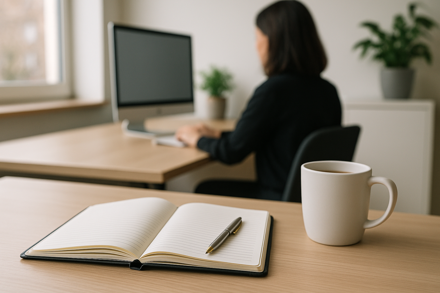 Scrivania ordinata con agenda aperta e strumenti di lavoro per pianificare la giornata