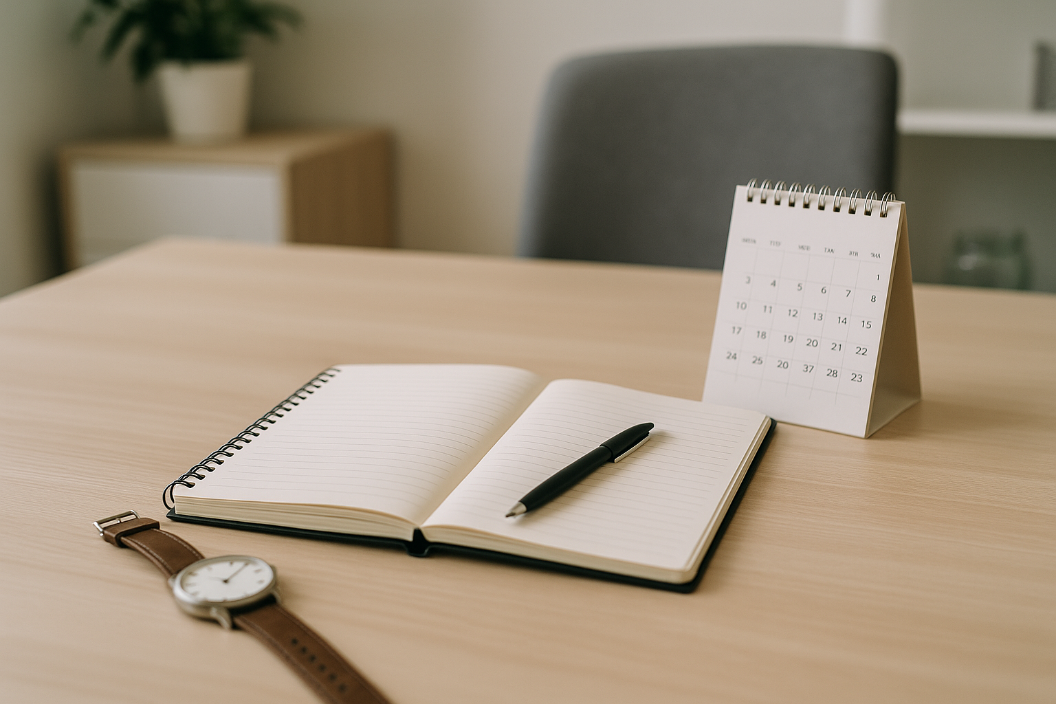 Scrivania con taccuino e strumenti per organizzare una riunione in modo efficiente