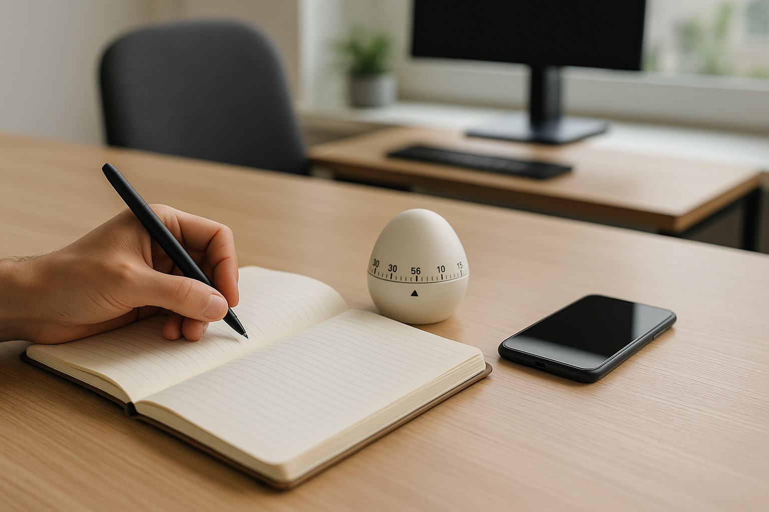 Scrivania ordinata con timer e smartphone in silenzioso per favorire la concentrazione durante il lavoro