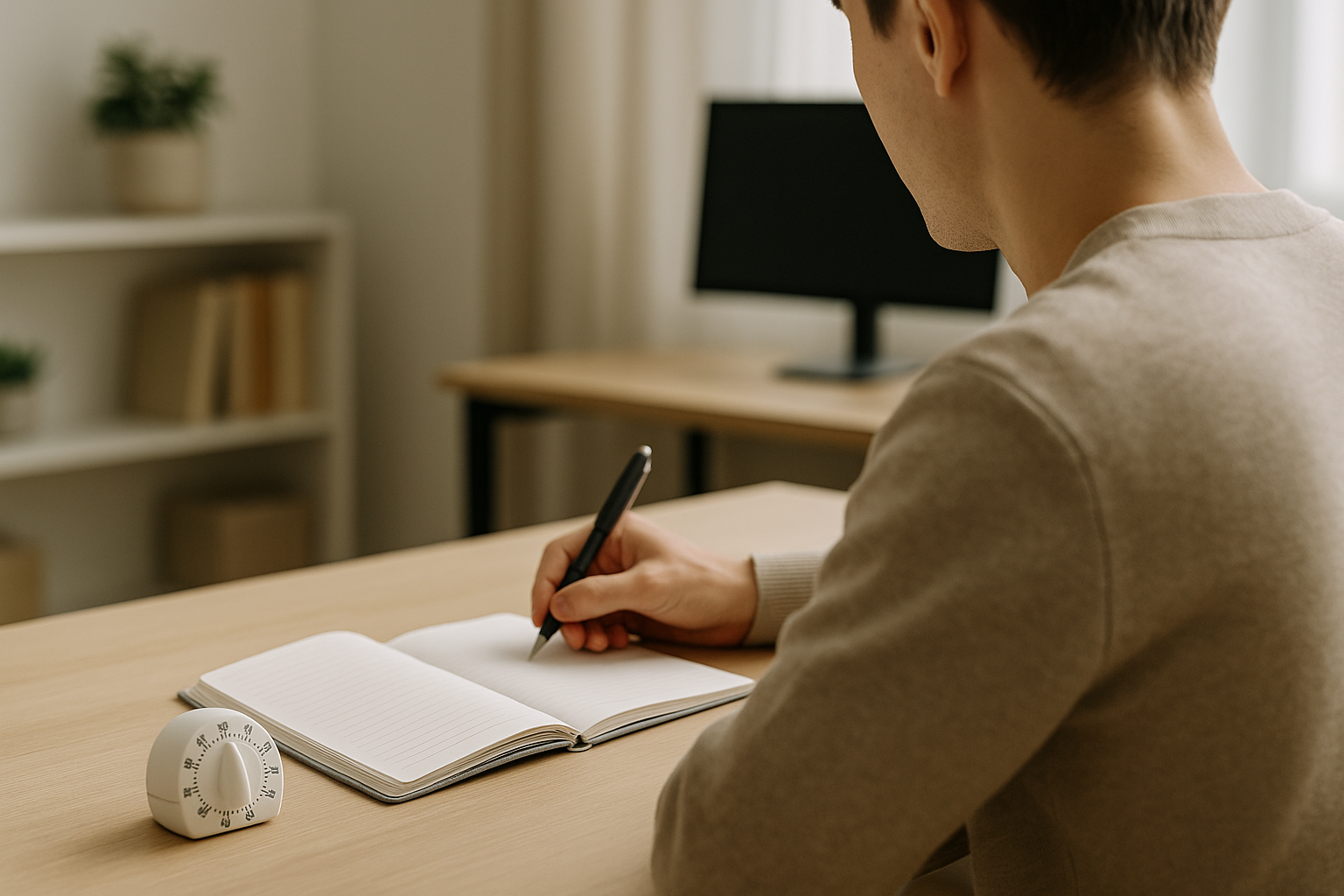 Scrivania ordinata con quaderno, penna e timer per sessioni di lavoro concentrato