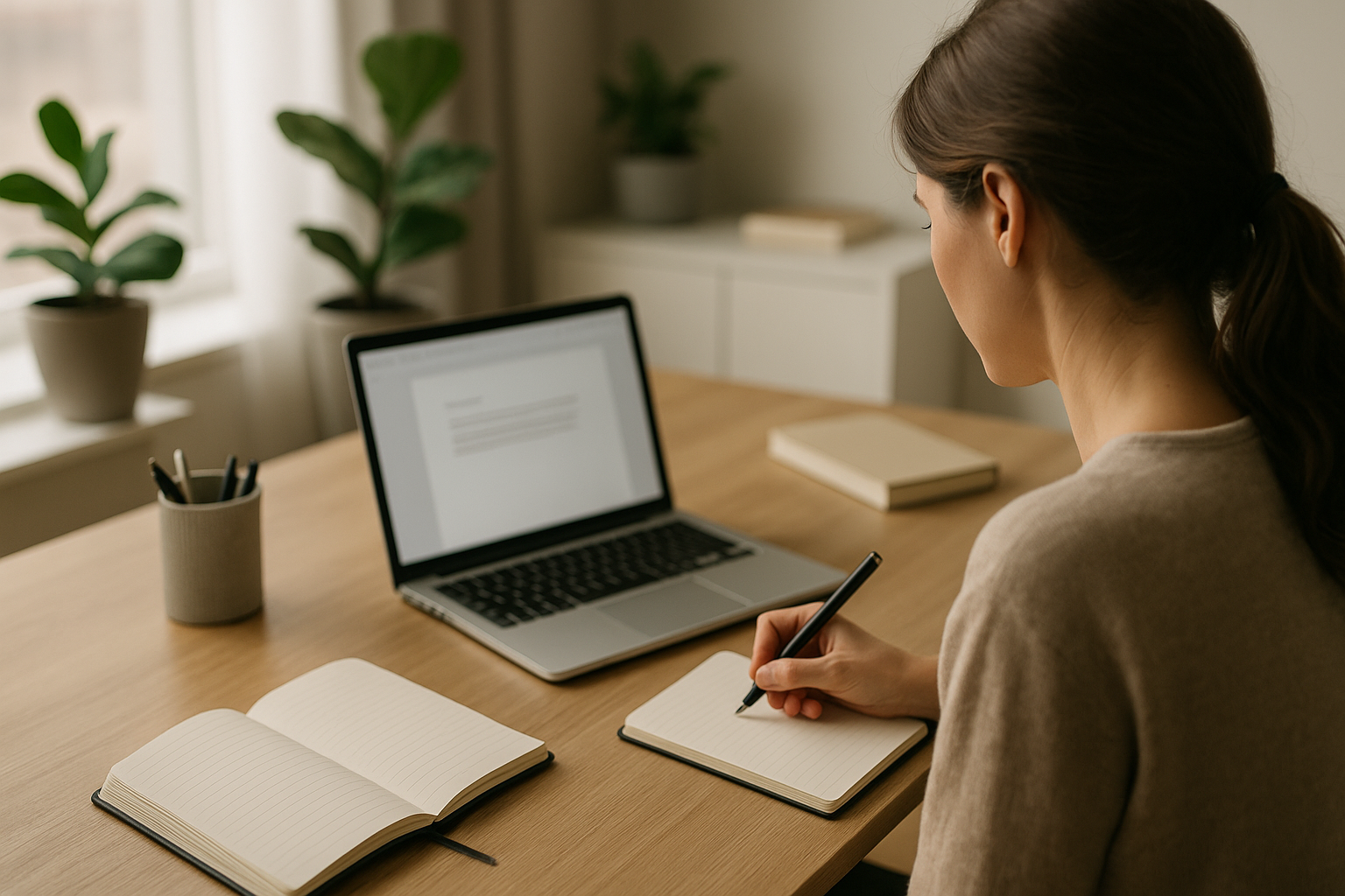 Scrivania ordinata con taccuino e penna per lavorare con una sola attività alla volta