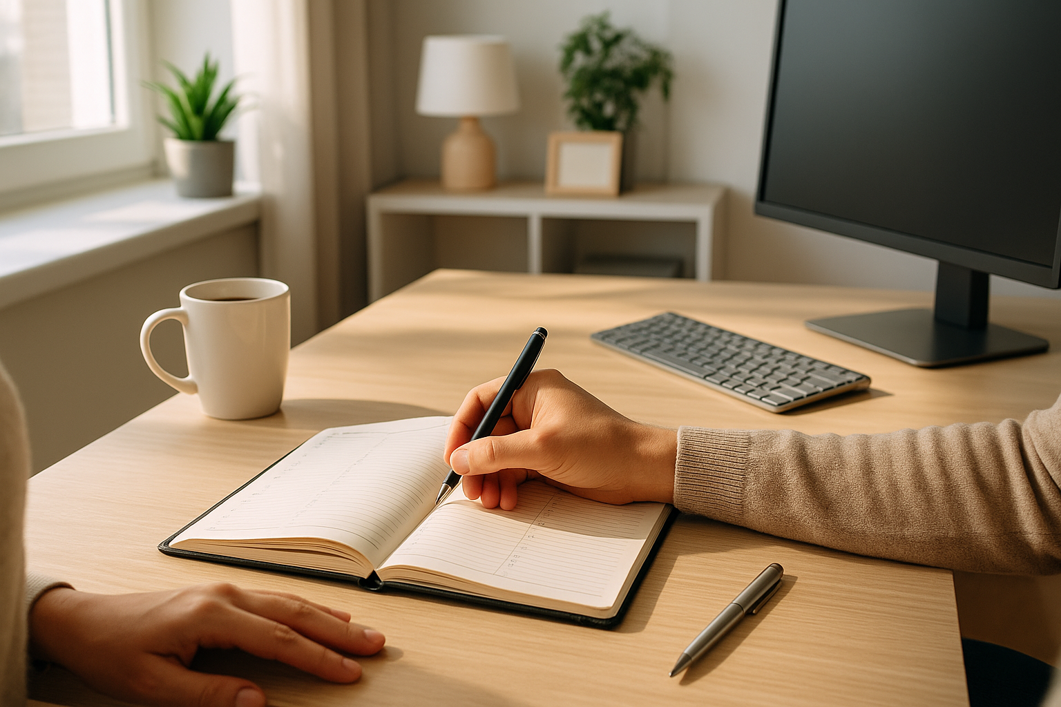 Scrivania ordinata con agenda e strumenti di lavoro per pianificare la giornata