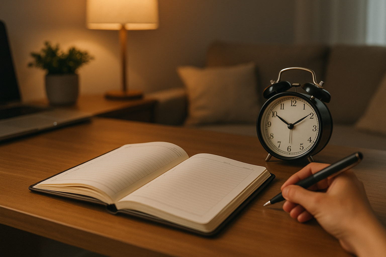 Scrivania ordinata con agenda e orologio che suggeriscono confini tra lavoro e tempo personale
