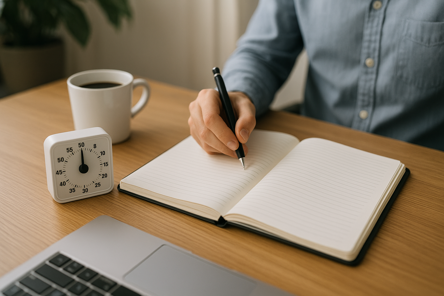 Scrivania con agenda e timer per organizzare il lavoro e migliorare la produttività