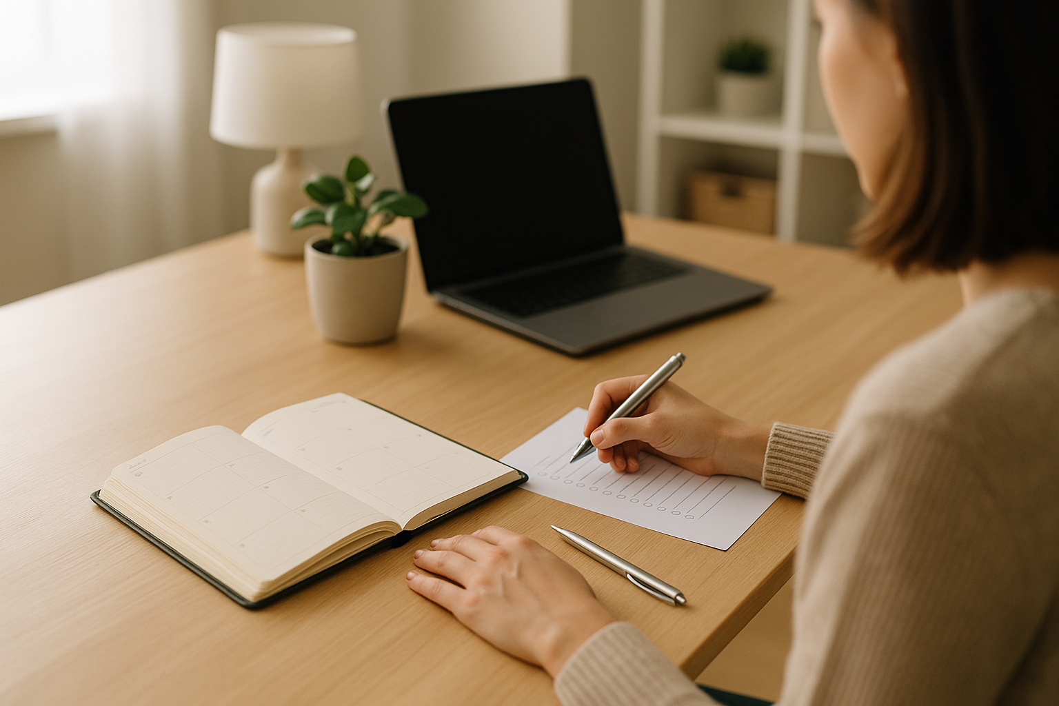 Agenda aperta su una scrivania ordinata con checklist e penna per organizzare le scadenze