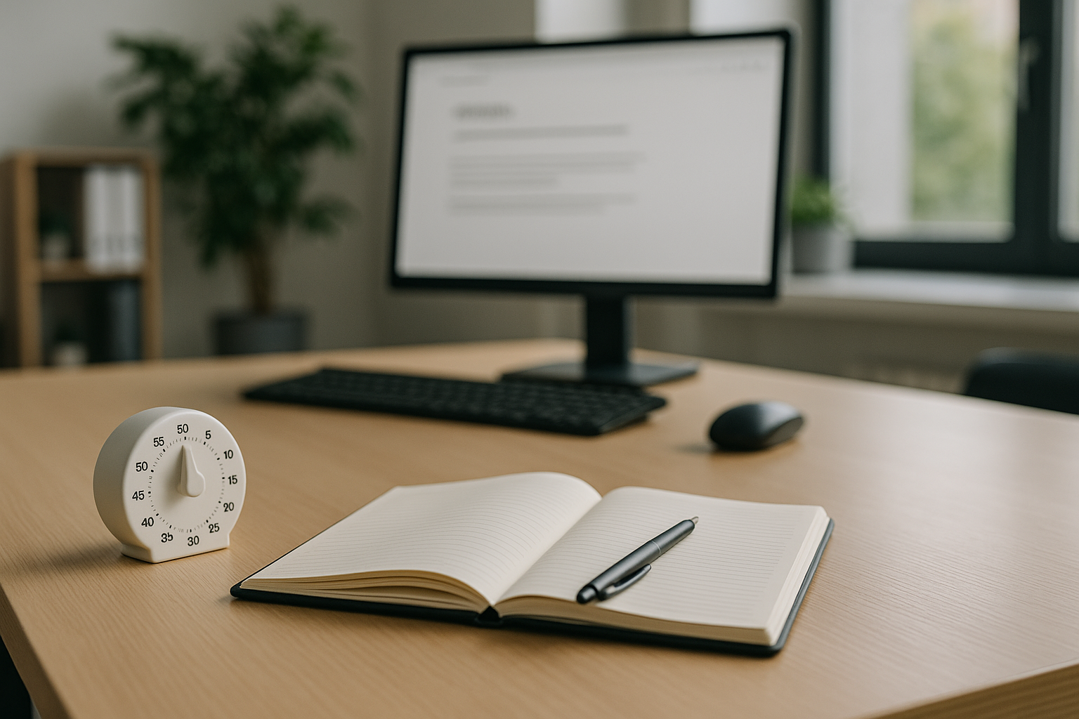 Scrivania ordinata con taccuino, penna e timer per gestire il tempo di lavoro