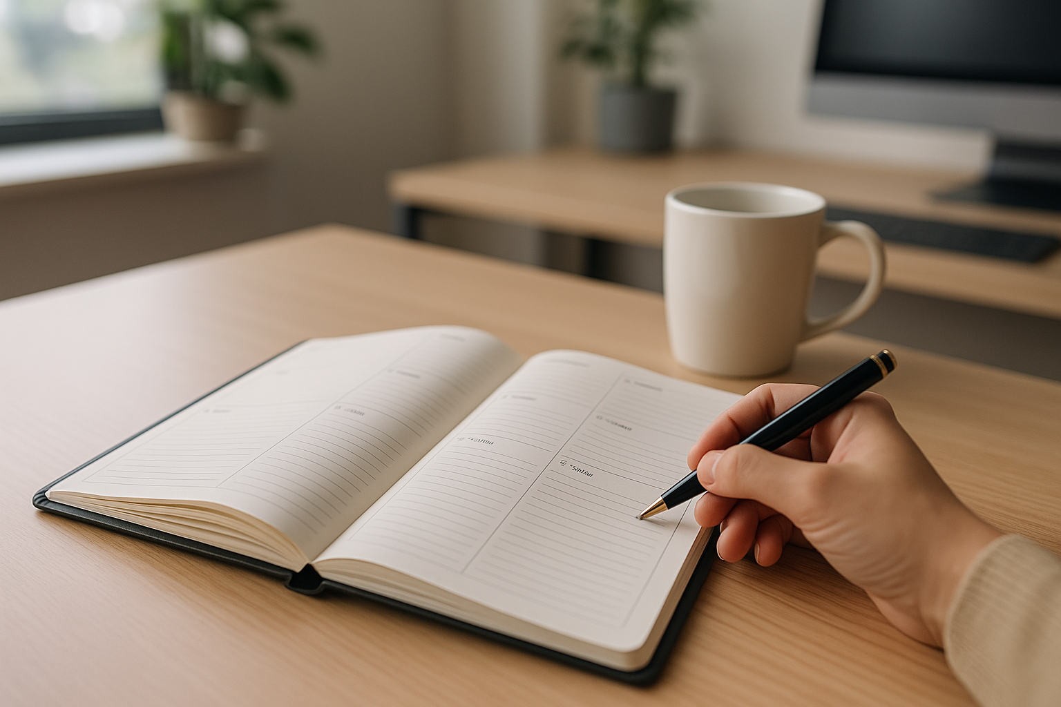 Agenda settimanale aperta su una scrivania ordinata per pianificare il lavoro